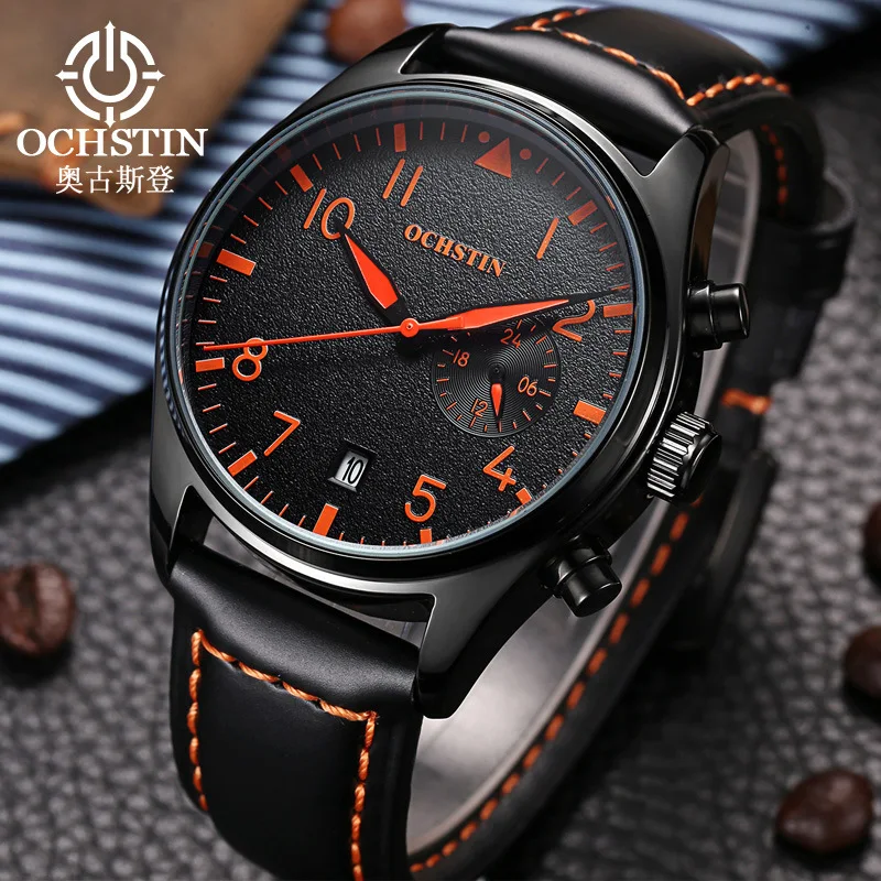 

luxury mens wristwatches genuine leather quartz casual watches man business 30m waterproof calendar OCHSTIN brand black brown