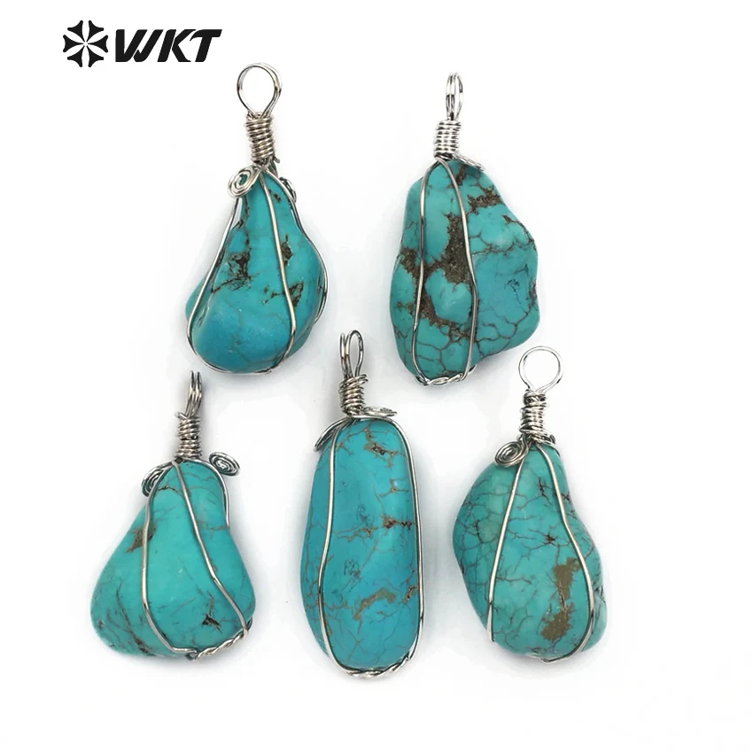 

WT-P1431 WKT Exclusive! New design natural green howlite pendant with silver metal wire wrapped in random shape for girl jewelry