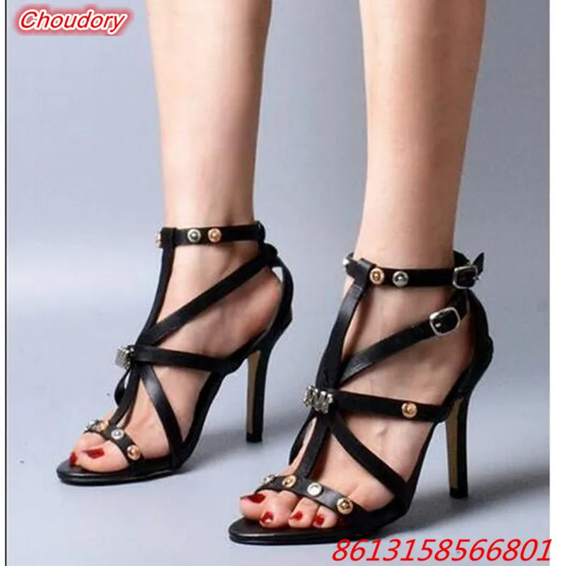 

Sexy Thin High Heels Women Gladiator Sandals Rivet Leather Belt Shoes Female Ankle Buckle Open Toe Women Party Shoes Narrow Band
