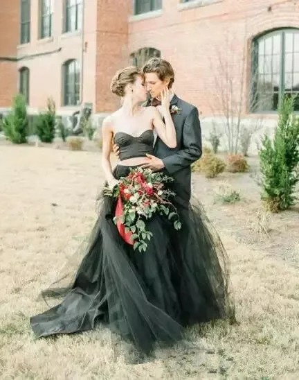 Gothic Style Two Pieces Wedding Dresses Sweetheart Satin Tulle A