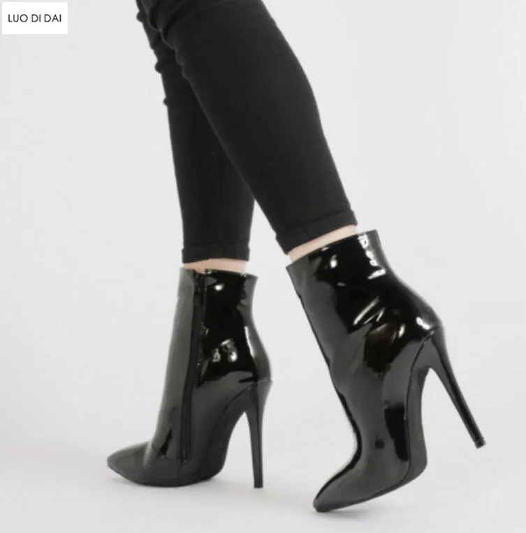 ladies black patent ankle boots