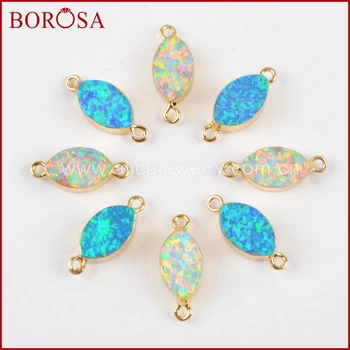 

BOROSA 10PCS Marquise Gold Color White/Blue Japanese Opal Connectors Man-made Opal Double Charms for Necklace Jewelry DIY G1462
