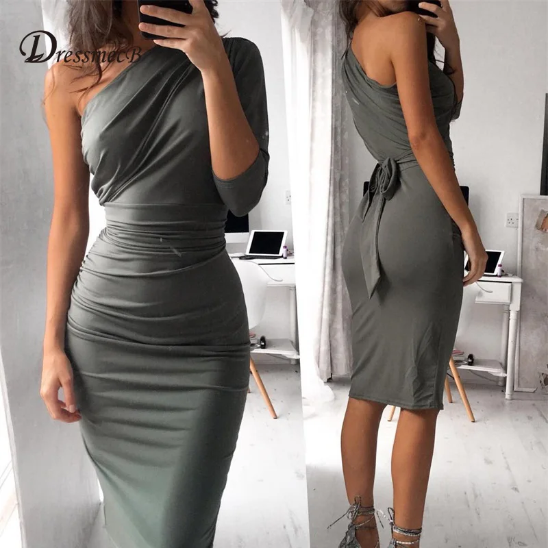 

DRESSMECB Autumn One Shoulder Bodycon Sexy Club Dress Women Bandage Elegant Casual Vestidos Celebrity Party Dresses De Festa
