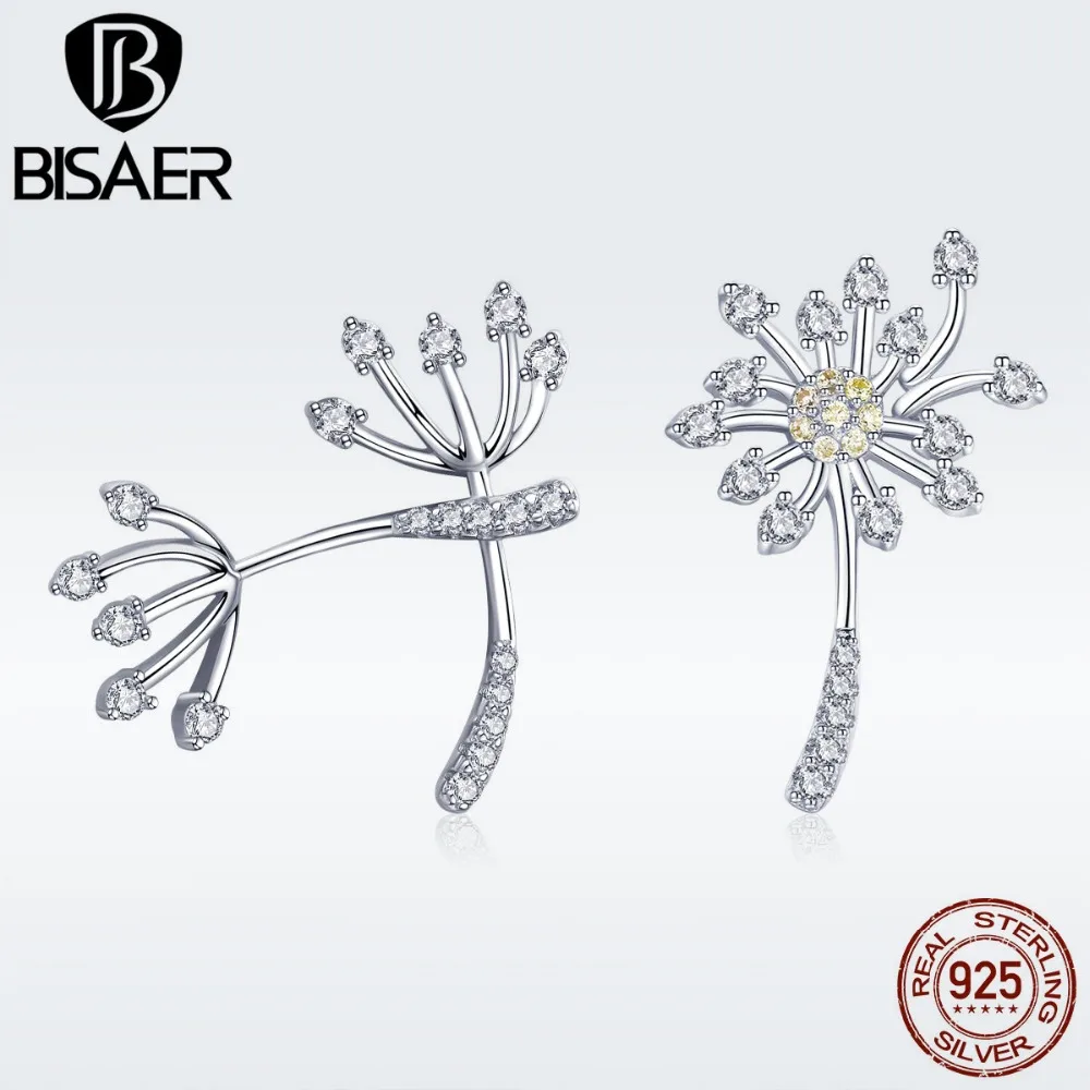 BISAER 925 пробы серебряные серьги-гвоздики с ромашками и одуванчиками для женщин серьги с кубическим цирконием ювелирные изделия из стерлингового серебра ECE506