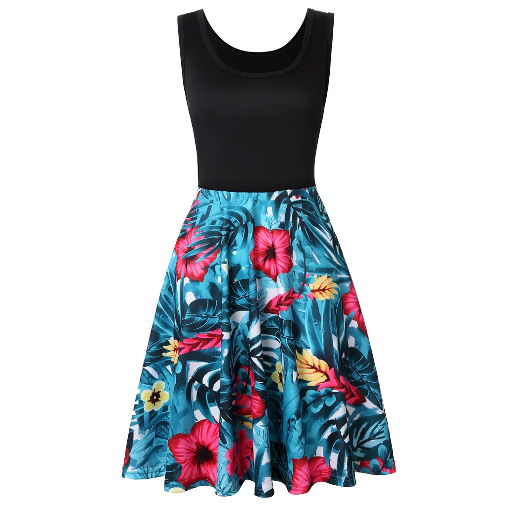 

Bohemian Dress Women Summer 2019 Sleeveless Floral Printed O Neck A Line Mid Calf Streetwear Casual Boho Dress Dames Jurken