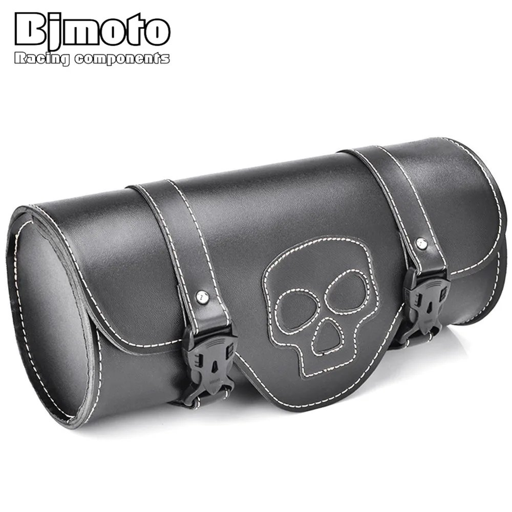 BJMOTO Motorcycle Skull Saddlebag PU Leather Round Barrel Saddle Tool