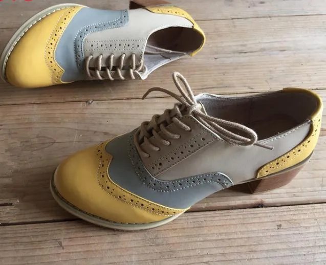 Новые туфли ручной работы; женские туфли из натуральной кожи с перфорацией; цвет желтый, серый; кожаные туфли на толстом каблуке; Размеры 33-43