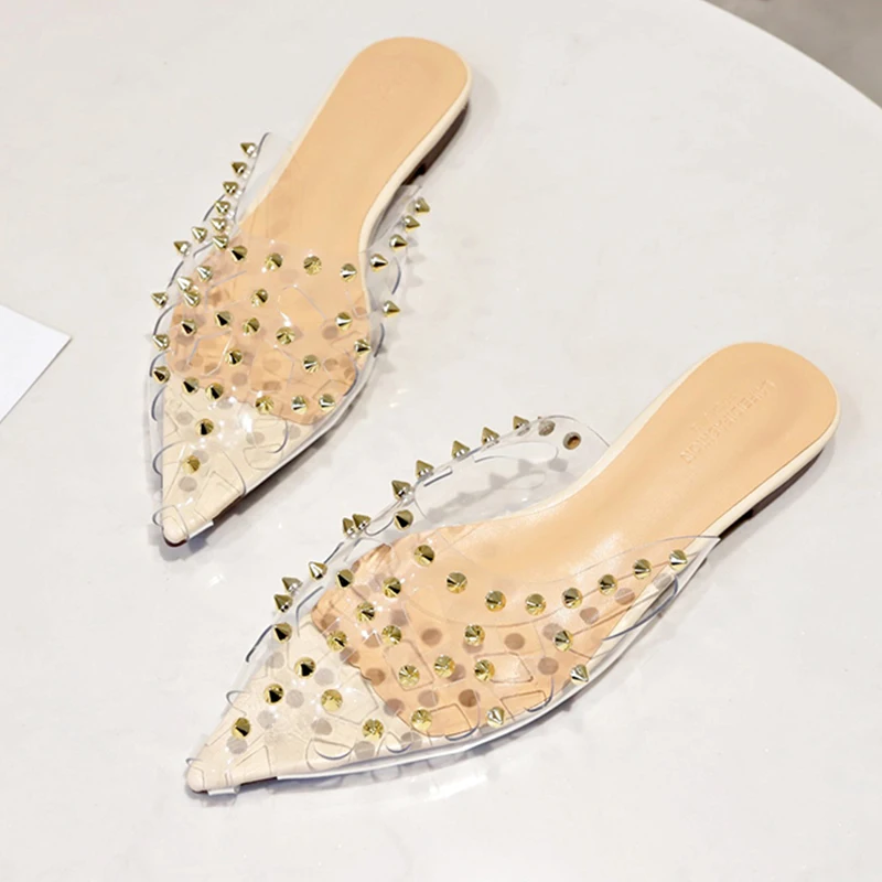 

2019 New Summer Fashion Transparent Sandals Flat Studded Sandals Women Shoes Women Mules Point Toe PVC Outdoor Slippers Women