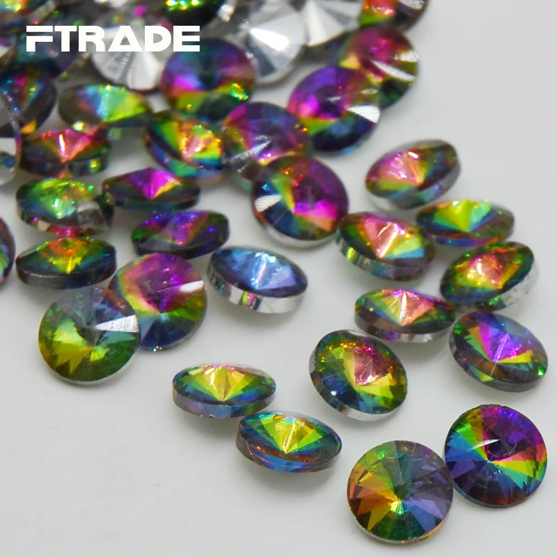 

6 Sizes Rivoli Round Shape Glass Point Back Crystal Rainbow Color Fancy Stone For Jewelry Making 8mm 10mm 12mm 14mm 16mm 18mm