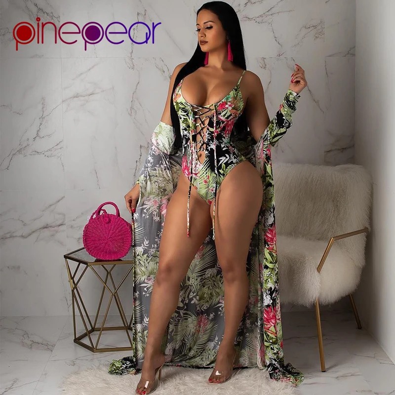 

PinePear Floral Print Backless Sexy Bodysuit and Long Cover Up 2 Piece Set 2019 Women Swim Bathing Suit Beach Wear Dropshipping