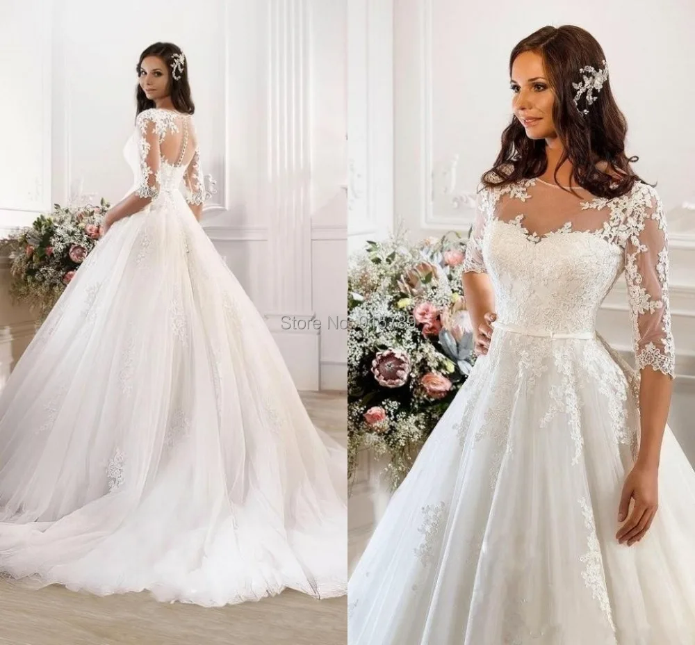2017 Glamour Bridal Wedding Dress White Ivory Ball Gown Scalloped 2017 Glamour Bridal Wedding Dress White Ivory Ball Gown Scalloped Neck Satin Lace Half Sleeves Sweep Train Size 0 2 4 6 8 10 12 In Dresses From