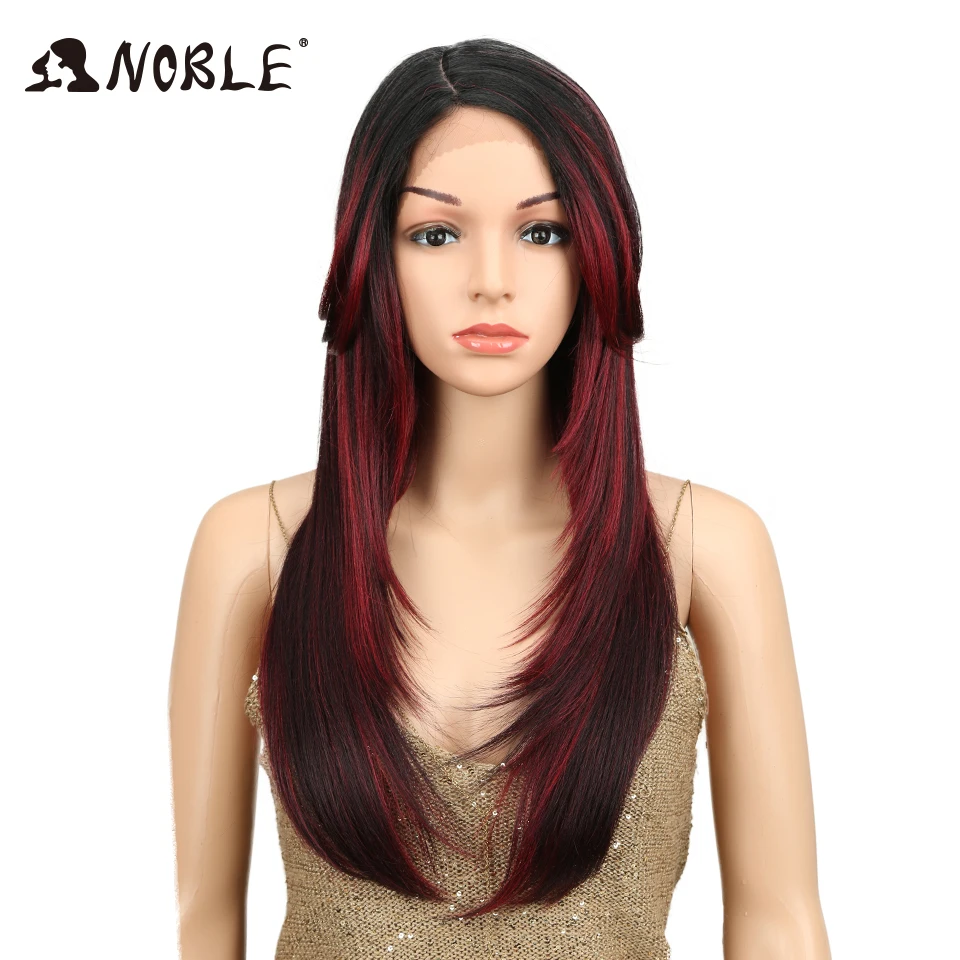 

Noble 24 Inch Synthetic Lace Front Wig High Temperature Side Part Long Straight With Bangs Ombre Burgundy African American Wigs
