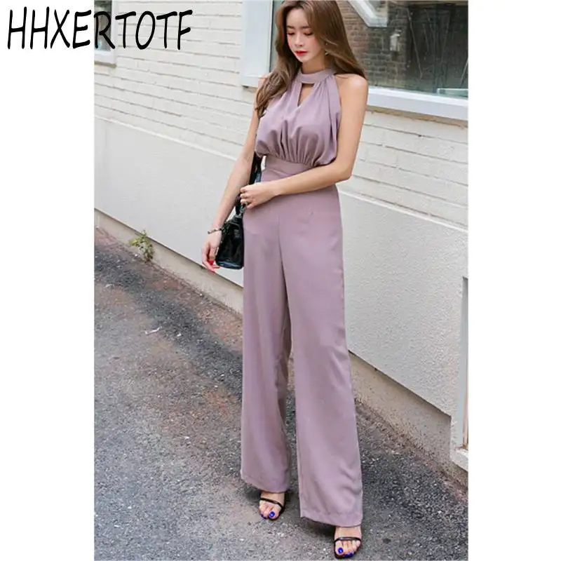 

2019 Summer trousers women's casual jumpsuit sexy sleeveless hanging neck women's one-piece pants wide leg pants