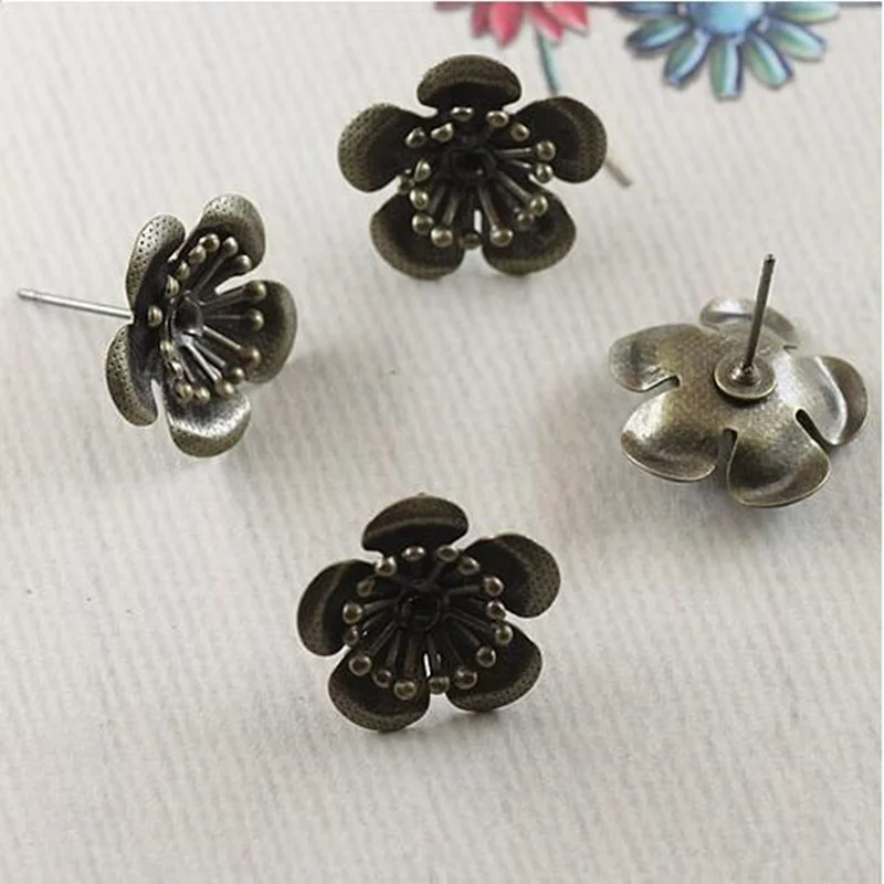 50pcs/lot 11mm Brass Antique Bronze Flower Earrings pin Jewelry Studs