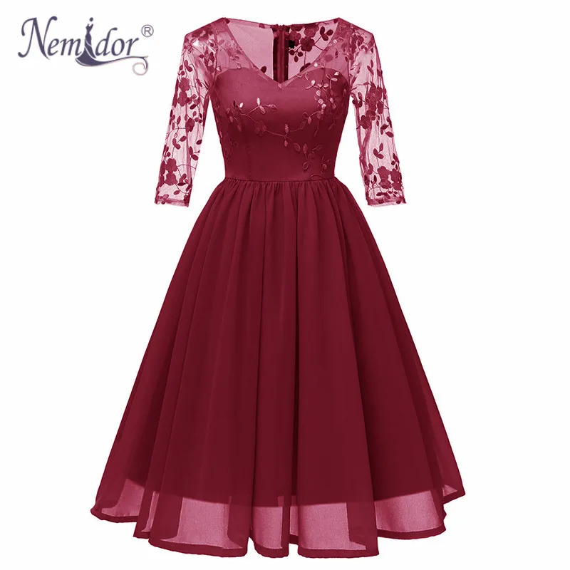 

Nemidor 2019 Women Vintage Embroidery Mesh A-line Chiffon Swing Dresses Sexy V-neck 3/4 Sleeve Elegant Party Midi Dress