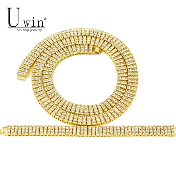 

UWIN Men Gold Color Hip Hop Necklace Set Punk Iced Out 3 Row Rhinestone Crystal Bling Gold Chain Necklaces Bracelet Set