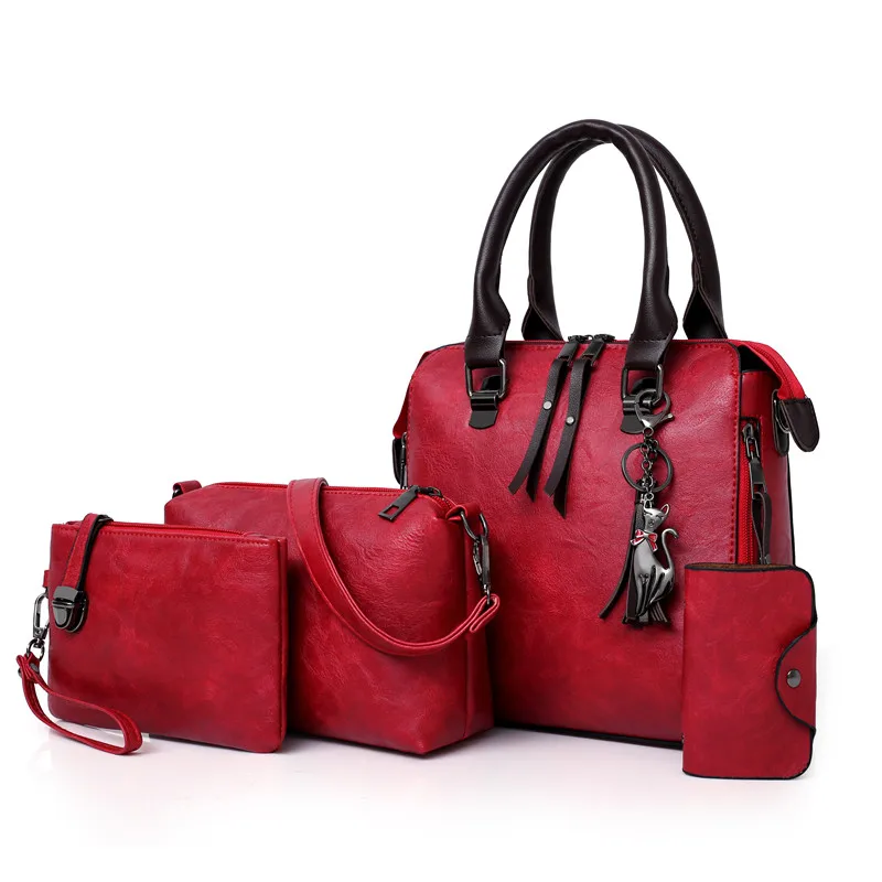 Four sets wax oil pu leather bag ladies handbags women handbag designer ...