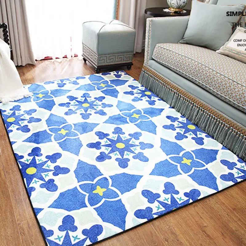 

Geometric Blue Pattern Carpet Mat Mediterranean Style Rugs For Living Room Tea Table Sofa Bedroom Anti-Slip Rectangle Soft Mats