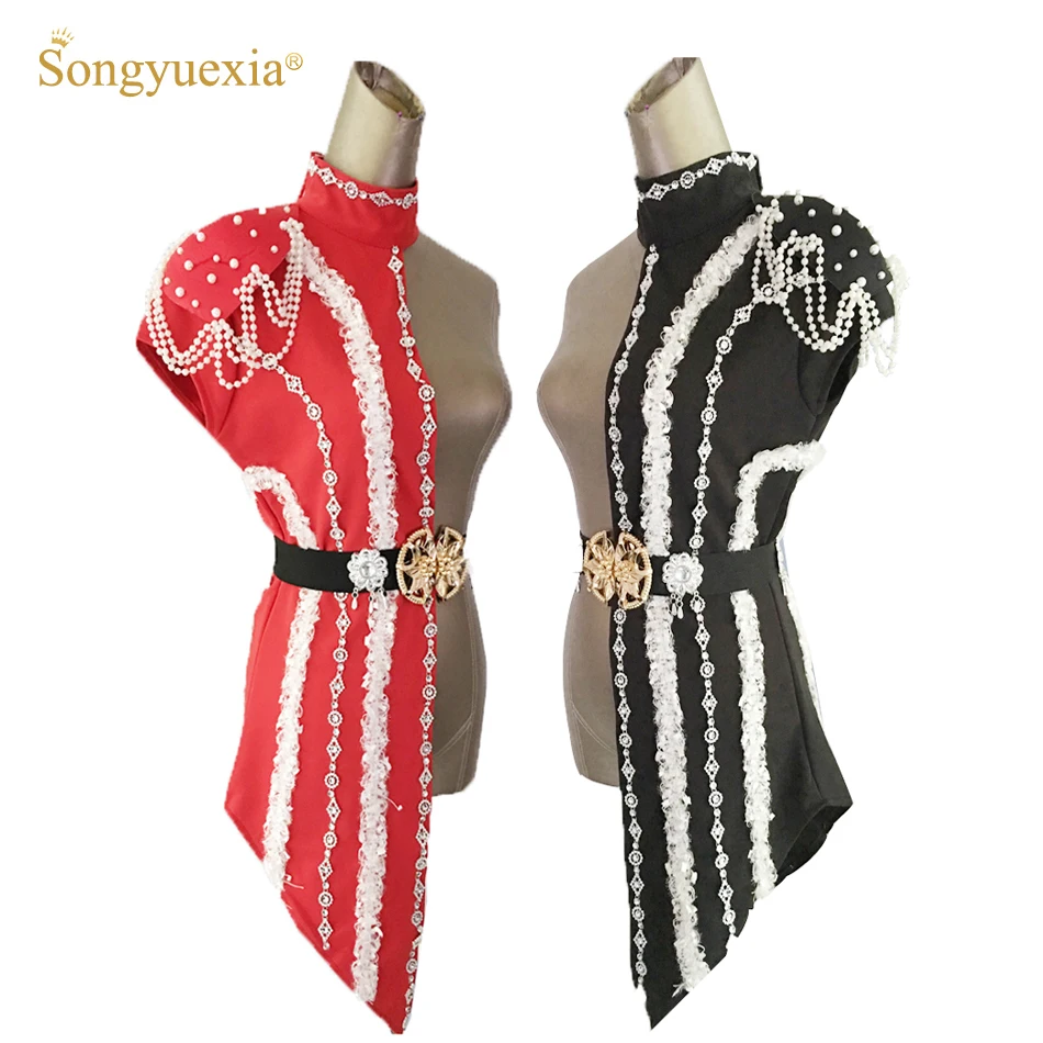 

SONGYUEXIA New Fashion Womens Patchwork Set Stage Singer DS DJ Costume for Adult Dancing Clothes with White Pearl Chain Collar