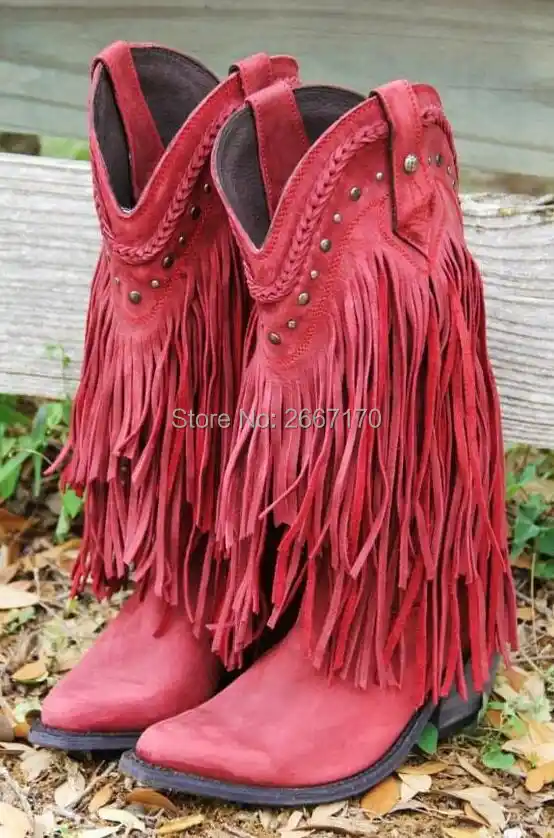 red fringe cowboy boots