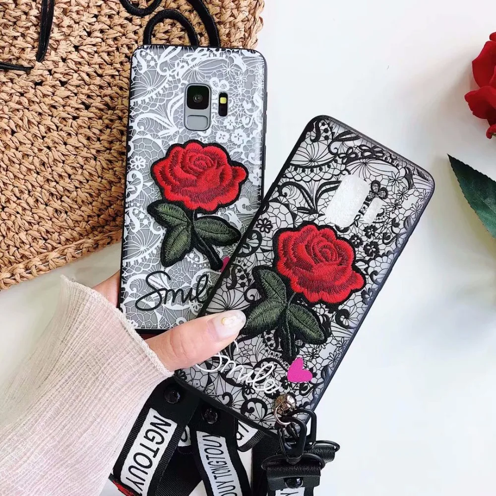 

For samsung s8 s9 A8 plus 2018 note 8 s7 s6 edge plus note 8 j2 j5 j7 prime 2016 case cover Lace rose with strap tpu+pc hard she