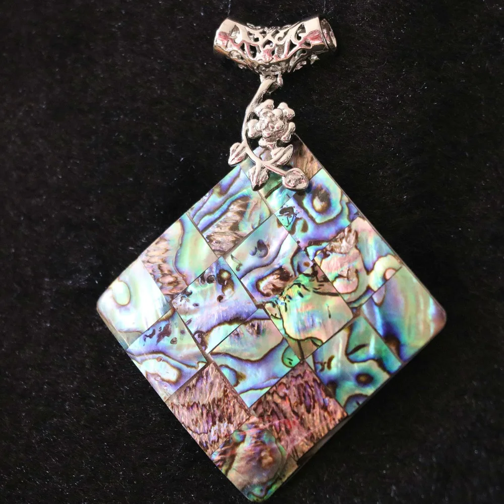 

Charms natural abalone large 51x51mm square pendant splicing silver-color flower fit elegant necklace jewelry B1148