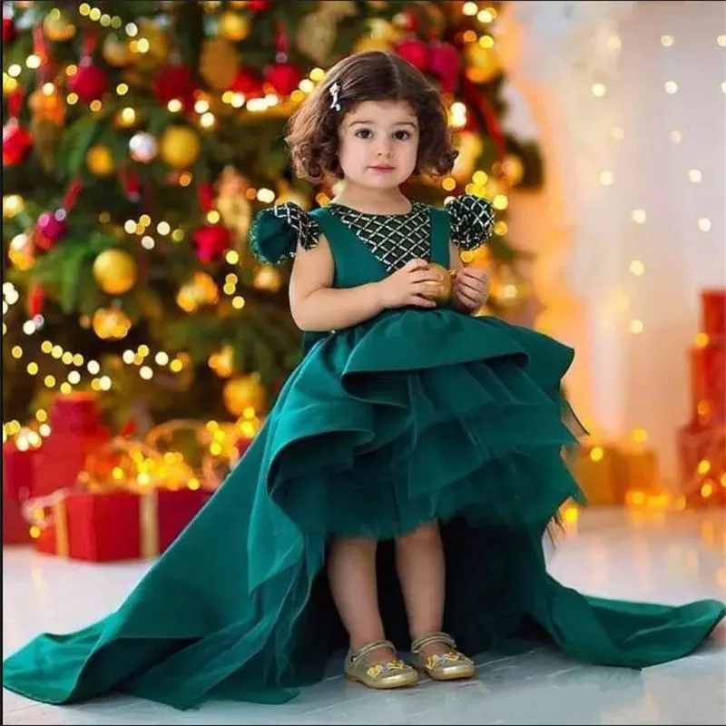 Новейшее платье принцессы для милых маленьких девочек, атласные платья зеленого цвета с большим бантом и рукавами-крылышками для дня рождения - Цвет: same as picture
