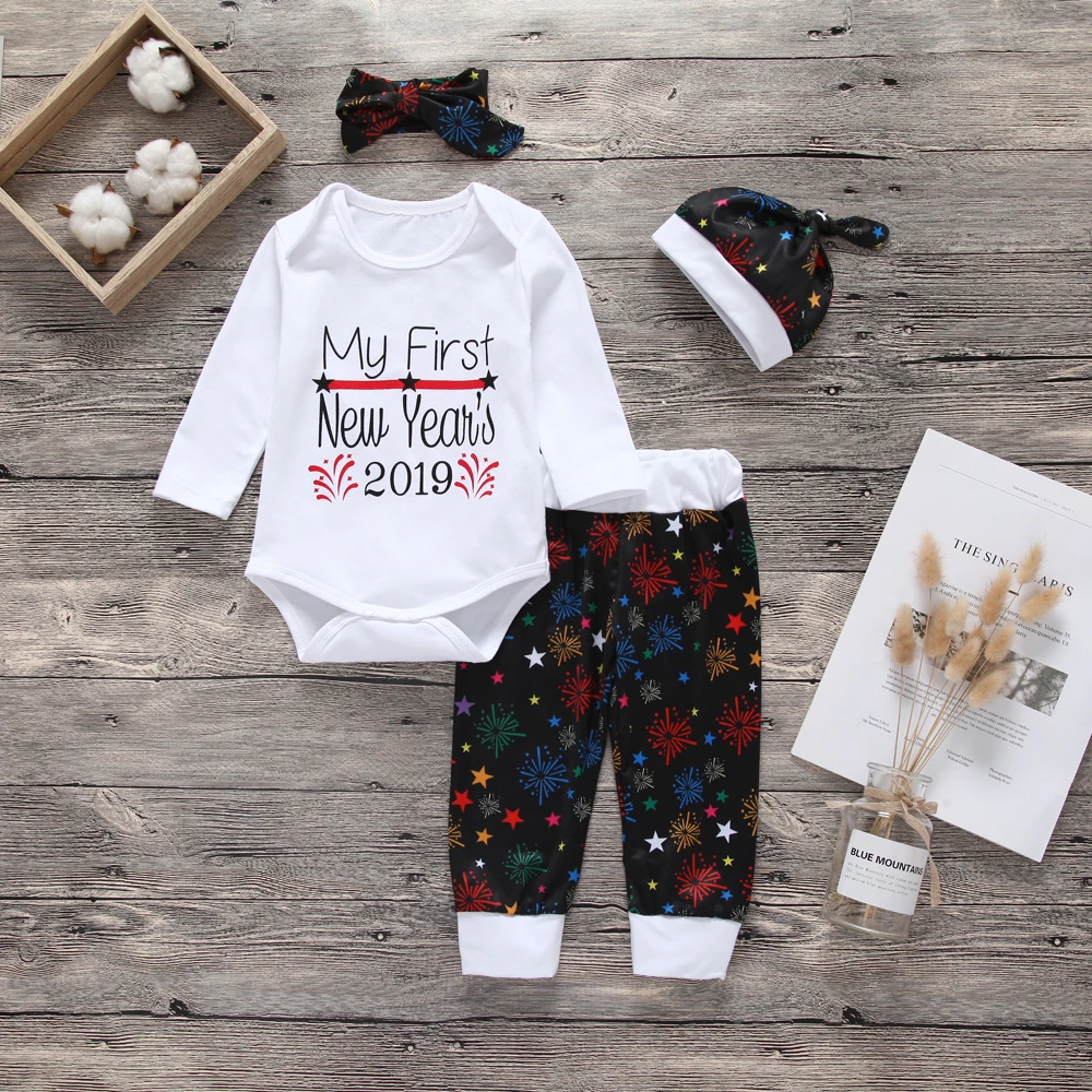 4Pcs Outfit Set Baby Boy Girl My First New Year Romper