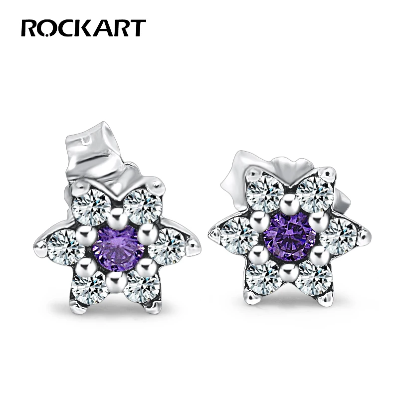 

ROCKART Forget Me Not Stud Earrings 925 Sterling Silver Clear&Purple CZ Sweet Romantic Spring Collection Floral Earring For Girl