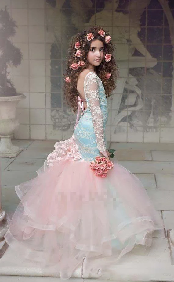 

Gorgeous Blue And Pink Girls Pageant Gowns 2017 Lace Long Sleeves Backless Mermaid Flower Girl Dresses For Wedding Children Part