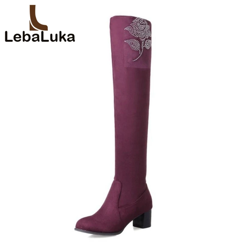 

Tuyoki Women Thigh High Boots Winter Round Toe Warm Fur Shoes Woman Fashion Crystal Flower Daily High Heel Boots Size 33-43