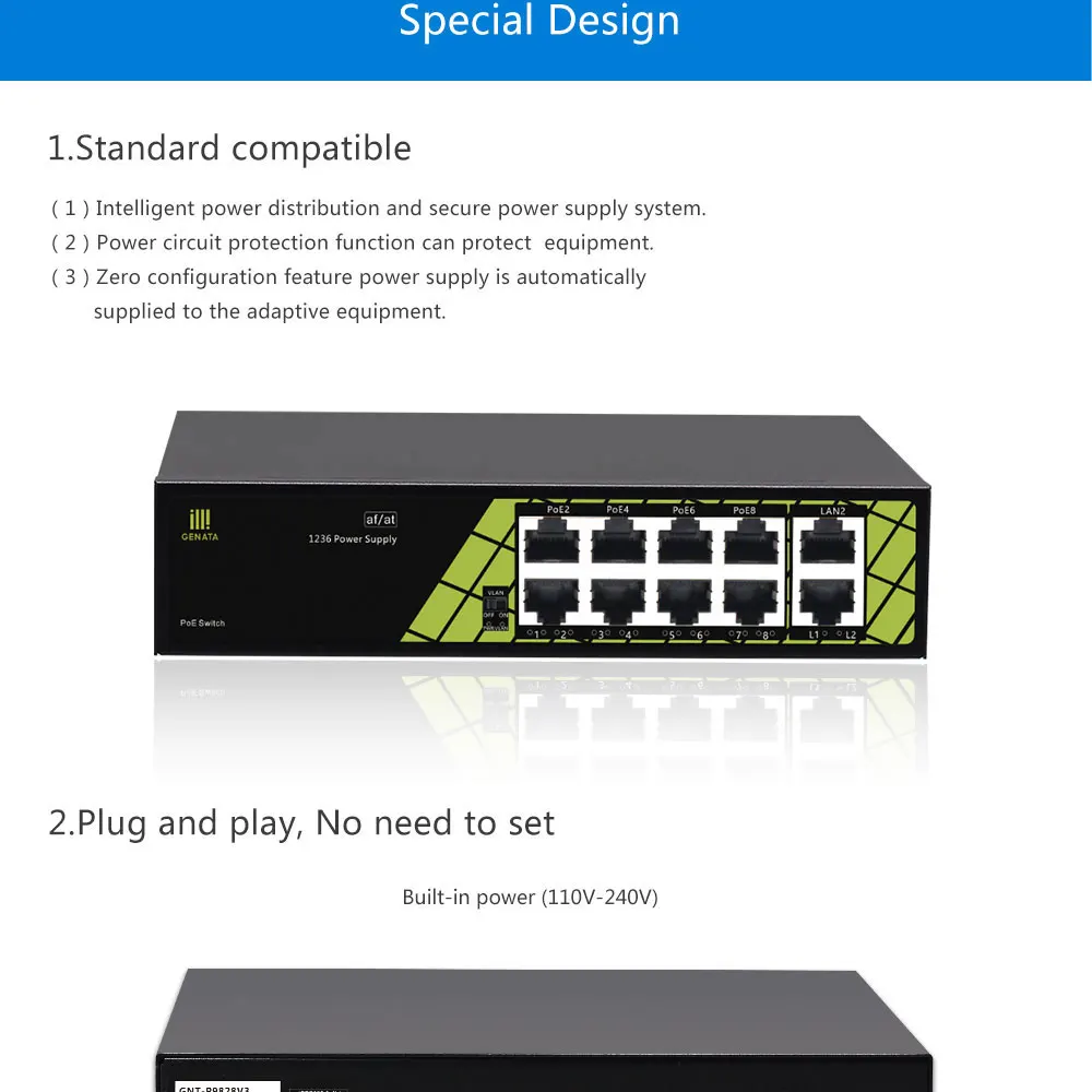 48 V стандарт переключатель POE 100 м коммутатор для высокоскоростной сети Ethernet 8 Порты и разъёмы питания переключатель 10/100 M 8 + 2 Порты и разъёмы