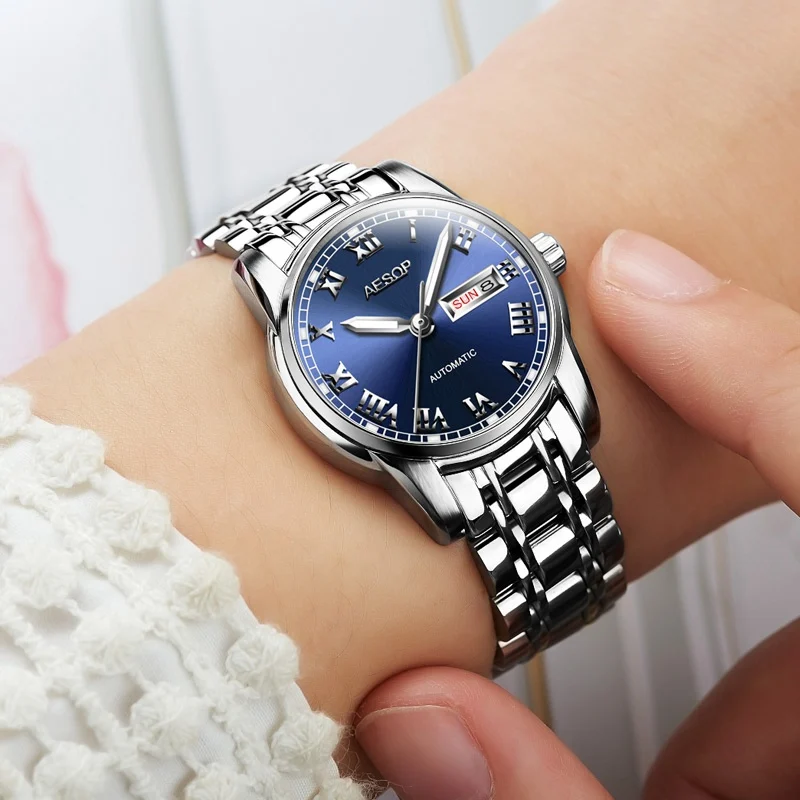 AESOP Gold luxury Watch Women Japan Movement Mechanical Automatic watch Ladies Stainless steel Golden Female Clock Women - Цвет: Silver blue lady