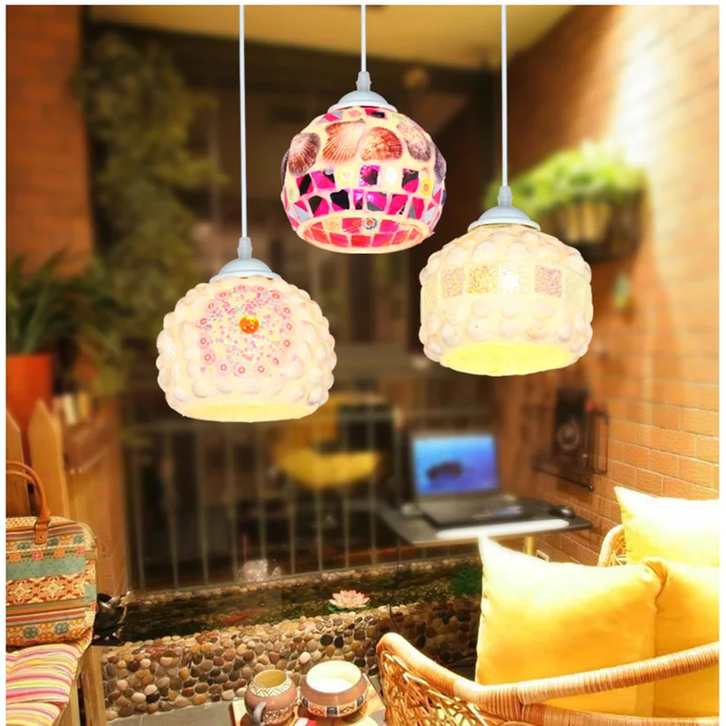

Shell Colorful Mosaic Glass Pendant Light for Cafe Restaurant E27 bulb 90-260V Bohemia Baroque Mediterranean European Style
