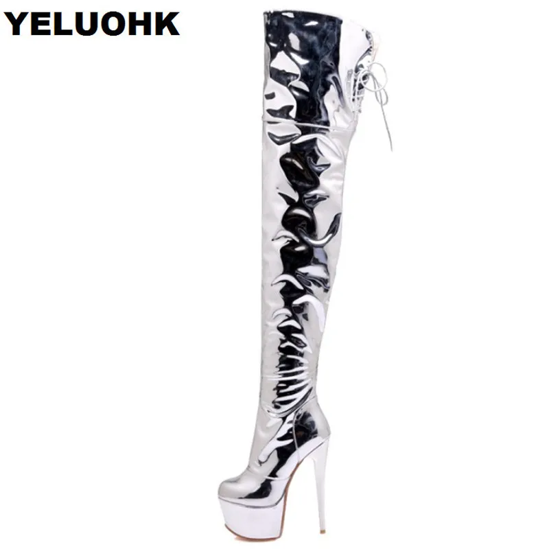 

Silver Extremely High Heels 16cm Thigh High Boots Fashion Winter Shoes Women Over The Knee Boots Stiletto Heel Platform Boots