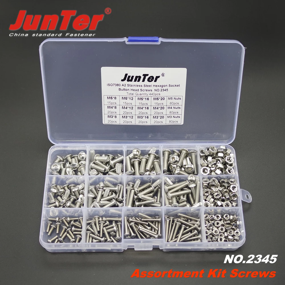 

440pcs M3 M4 M5 A2 Stainless Steel ISO7380 Button Head Allen Bolts Hexagon Socket Screws With Nuts Assortment Kit NO.2345