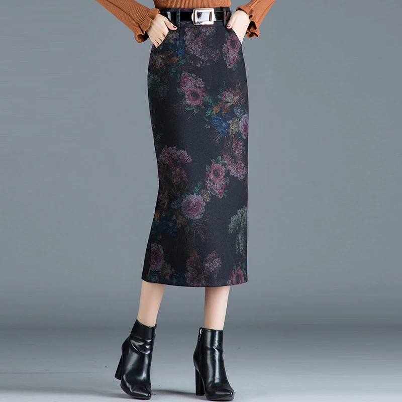

Winter Autumn Female Women High Waisted 4xl Floral Pattern Slim Wool Pencil Skirt , Fall Woman Placket Flower Woolen Skirts