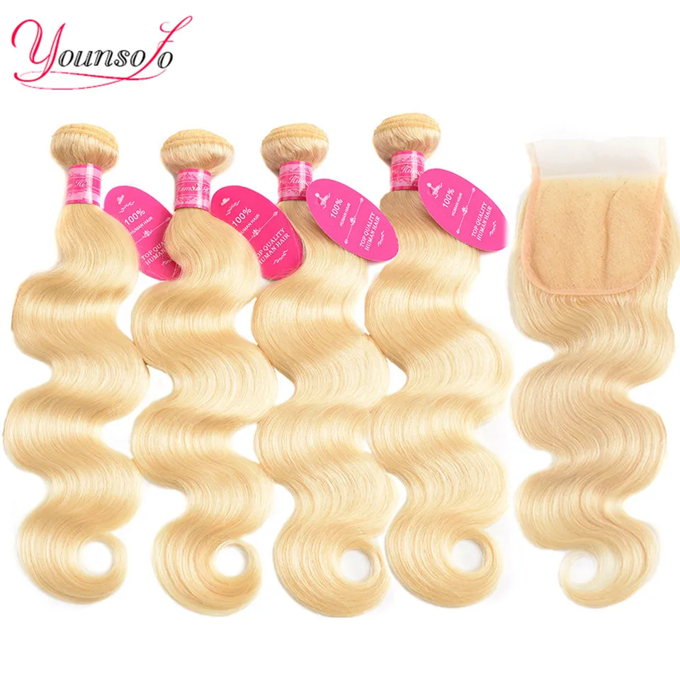 

Younsolo 613 Blonde Bundles With Closure Body Wave human hair bundles with closure Remy Hair Lace Frontal Closure With Bundles