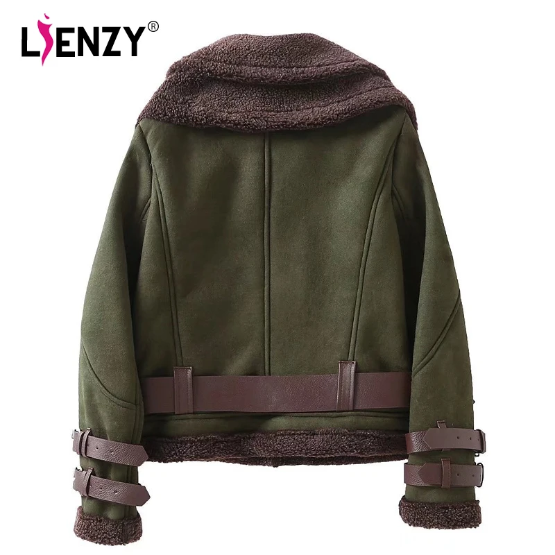 Armée D'agneau Chaud Flocage Manteau Militaire Vert Aviator Feminino Roulé Hiver De Veste Femmes Ceintures Army Green Col Casaco Mode Femme rrgqwW85