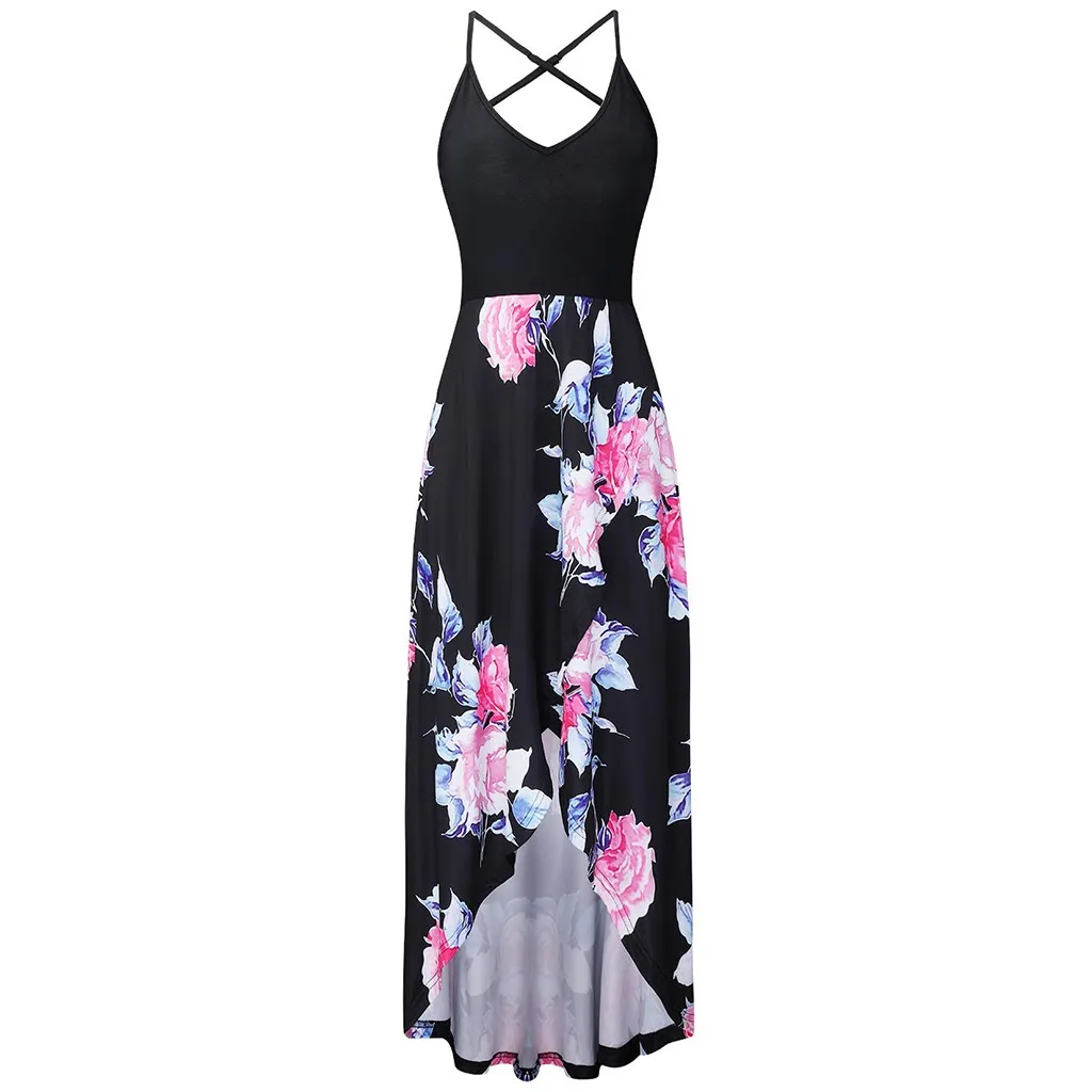 

Sexy Backless Flower Print Sleeveless Beach Long Bohemian Dress Summer Dress female Elegant Ladies Strap Dresses robe femme