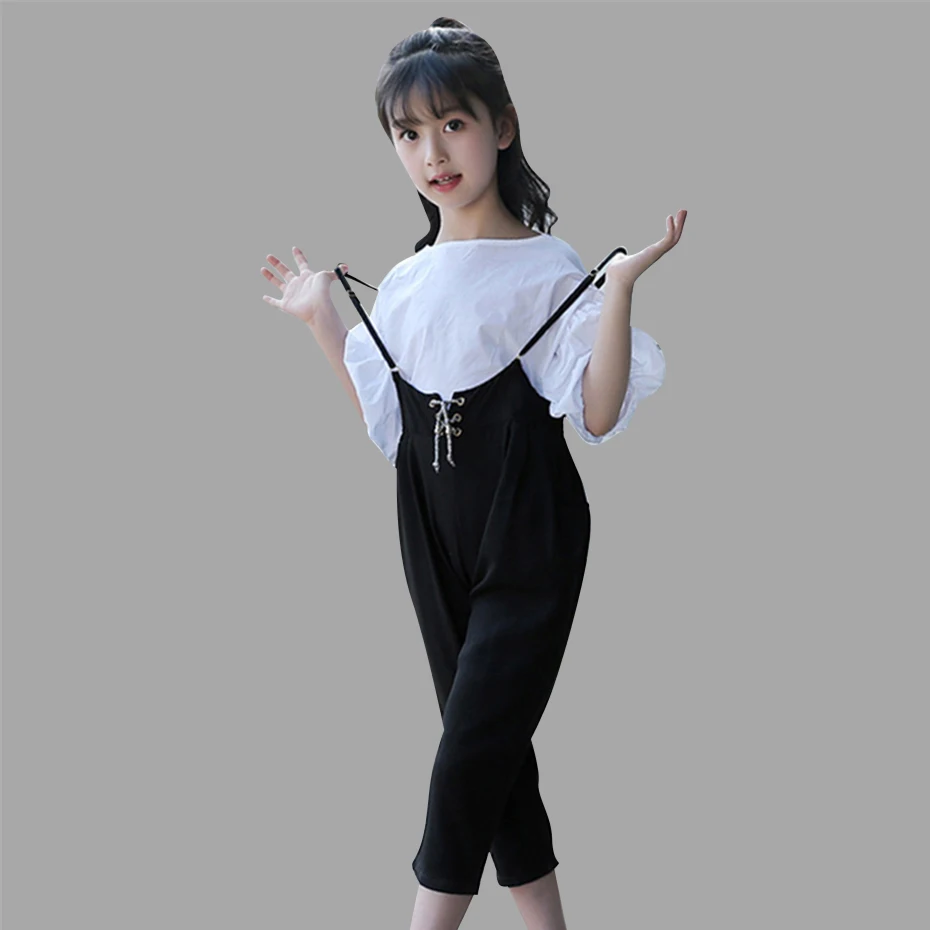 

Girls Summer Clothing Set Elegant Kids Clothes White Suit For Girl 6 8 12 13 14 Years Children's Costumes Casual Shirt+Jumpsuit