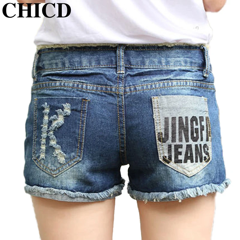 

CHICD 2017 New Women Basic Shorts Summer Fashion Slim Mid Waist Letter Printing Pockets Denim Jeans Shorts Mujer XP375