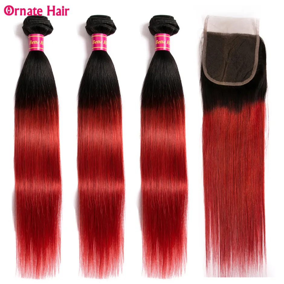 Ombre Colored Human Hair Bundles With Closure Peruvian Straight Hair Bundles With Closure Ornate Hair Non Remy T1b/red 12-24inch