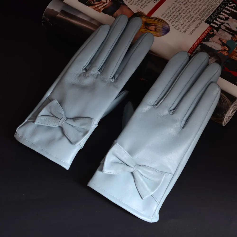 

New Women's Ladies 100% Real Leather Sheepskin Bowknot Winter Warm Blue Short Gloves
