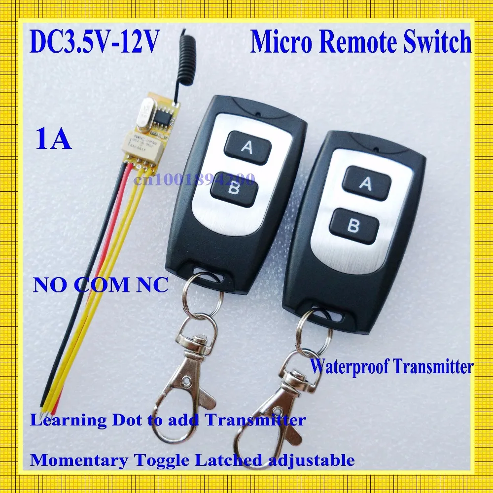 

Small Remote Relay Switch 3.6V 4.8V 5V 6V 7.4V 9V 12V Wide Voltage Mini Receiver Transmitter Normally Open Close Wireless Switch