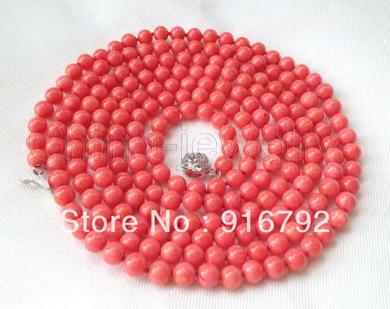 

free shipping >>>>>Beautiful 52" 6mm round dark pink coral necklace - GP clasp