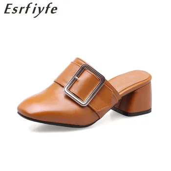 

ESRFIYFE 2019 New Women Slippers Square Heels Square Toe Summer Shoes Woman Large Size 34-46 Outside Fashion Concise Mules Shoes