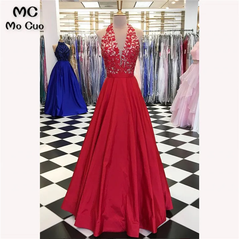RED V NECK LACE APPLIQUE LONG PROM DRESS, RED EVENING DRESS 