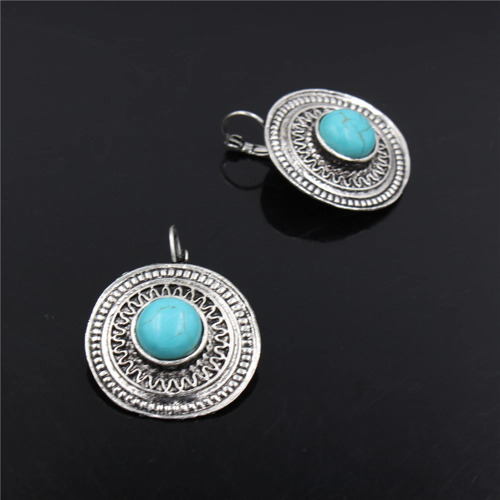 

New Simple Green Howlite Stone Round Clip Earring Women Vintage Silver Christmas Gifts Hanging Bohemian Earring Jewelry