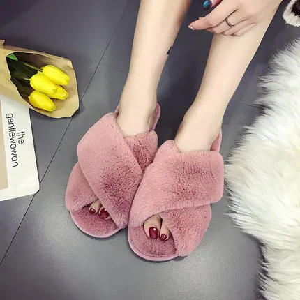 

Large Size 36-41 Hot Women Slippers Fashion Spring Autumn Comfortable Indoor Plush Slippers Women Faux Fur Flip Flops Flats